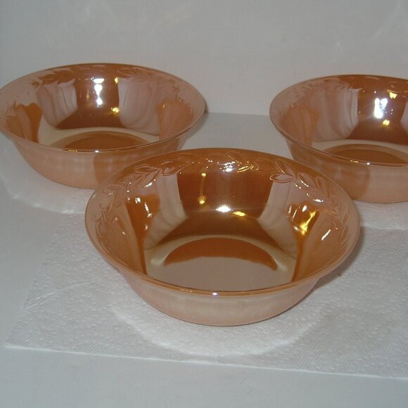 3 Vintage Fire King Peach Luster LAUREL LEAF BOWLS Oven Ware 8.25"x2.75"T USA B - Picture 2 of 5